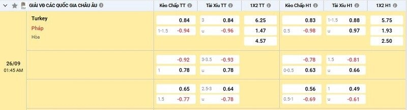 Bảng tỷ lệ kèo trận Thổ Nhĩ Kỳ vs Pháp